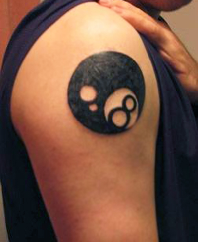 Black Eight Ball Tattoo On Right Shoulder
