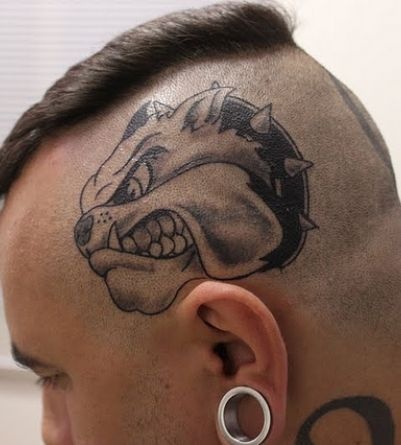 Black Ink Angry Bulldog Head Tattoo On Man Head