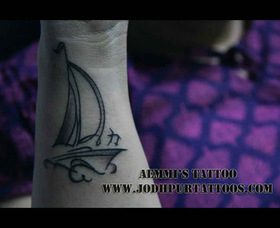 Black Ink Boat Tattoo Design For Forearm