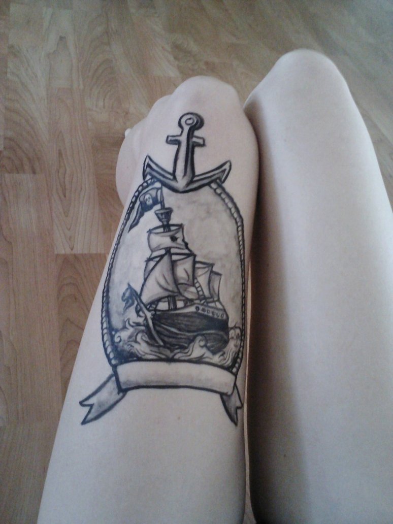 Black Ink Boat With Anchor And Ribbon Tattoo On Thigh By Starbuxx