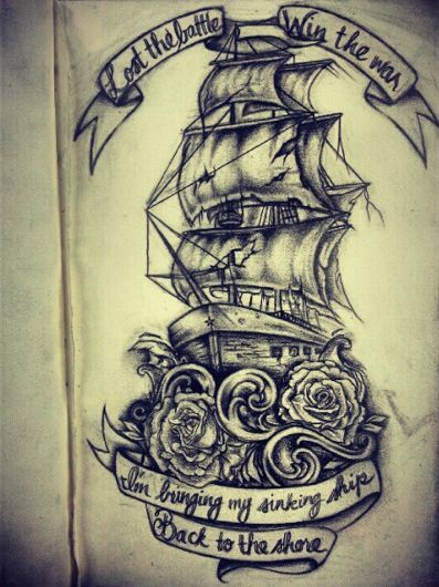 Black Ink Boat With Roses And Banner Tattoo Design