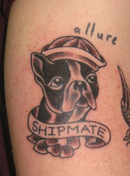 Black Ink Bulldog Head With Banner Tattoo Design