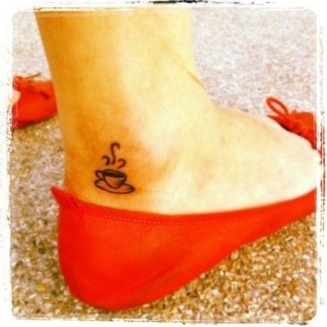 Black Ink Coffee Cup Tattoo On Girl Ankle