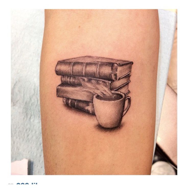 Black Ink Coffee Cup With Books Tattoo Design For Arm By Legion Avegno