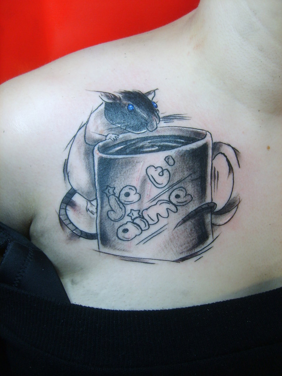Black Ink Coffee Cup With Rat Tattoo On Girl Right Front Shoulder By Ian