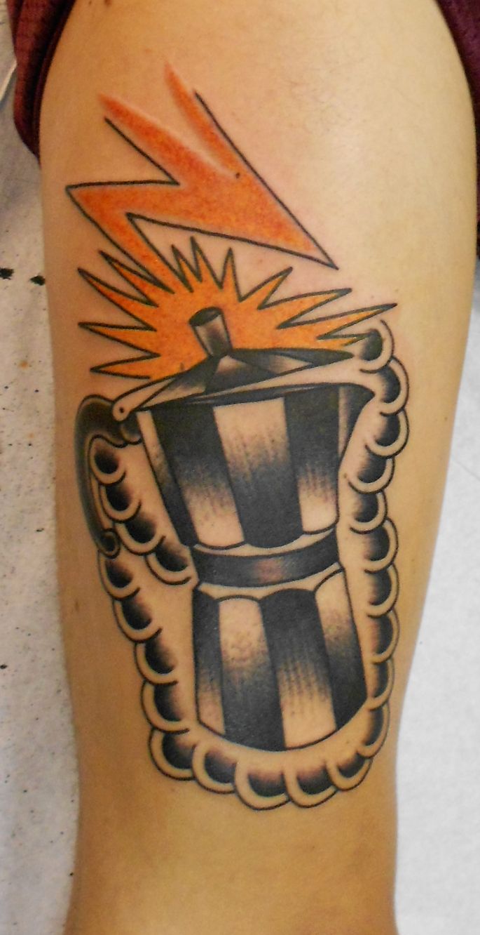 Black Ink Coffee Kettle Tattoo Design For Arm