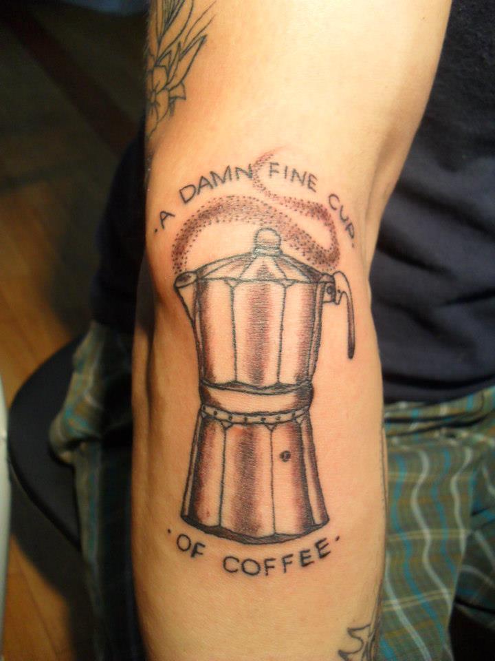 Black Ink Coffee Kettle Tattoo On Arm By Marcia Brenner