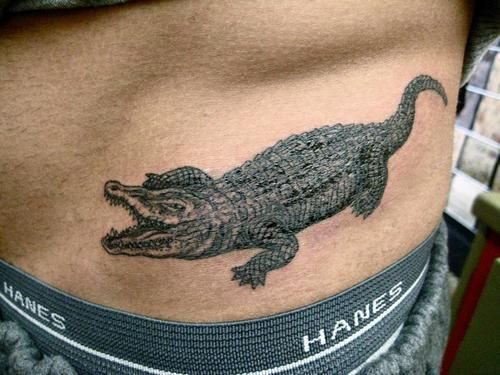 Black Ink Crocodile Tattoo On Waist
