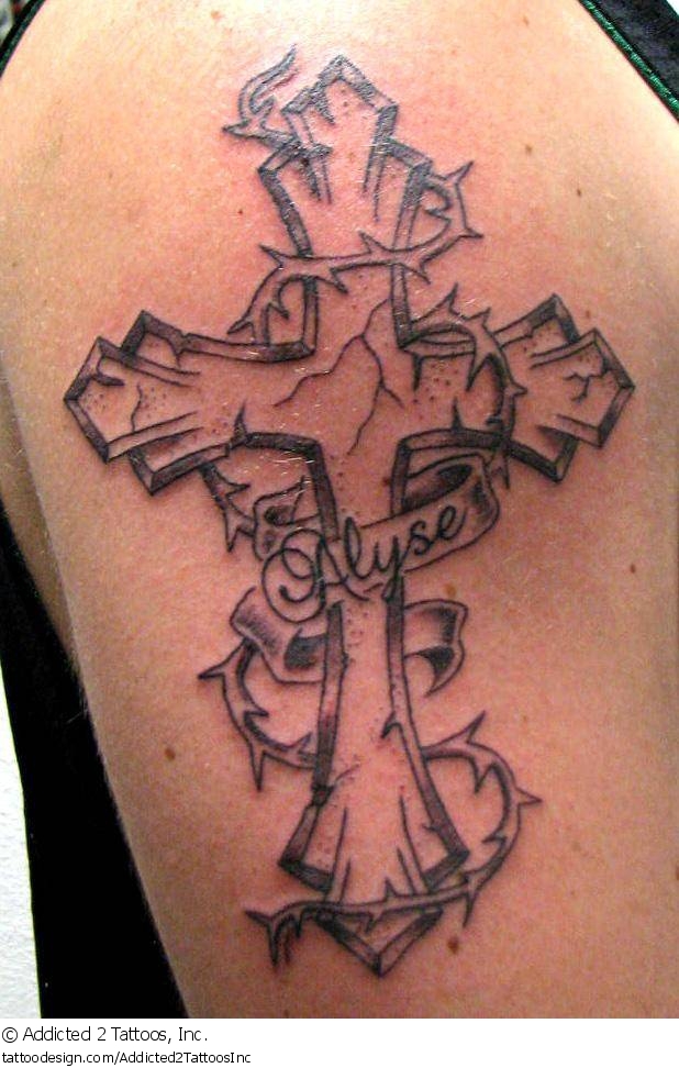 Black Ink Cross With Banner And Thorn Tattoo On Half Sleeve