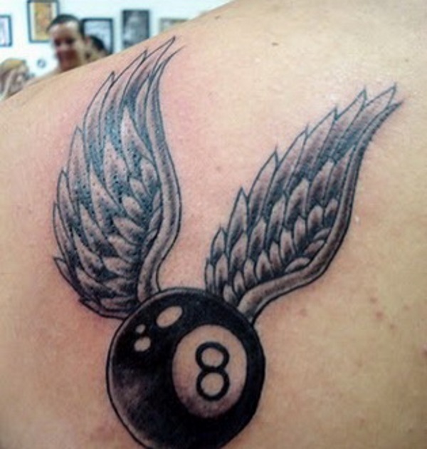 Black Ink Eight Ball With Wings Tattoo Design For Back Shoulder