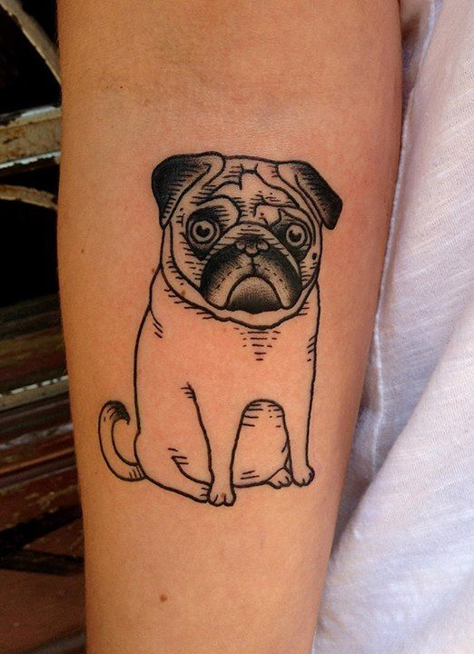Black Ink Pug Dog Tattoo On Forearm