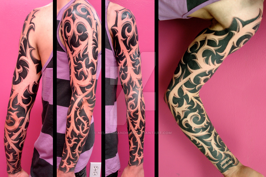 Black Ink Thorns Tattoo On Man Left Full Sleeve By Nelson Daboud