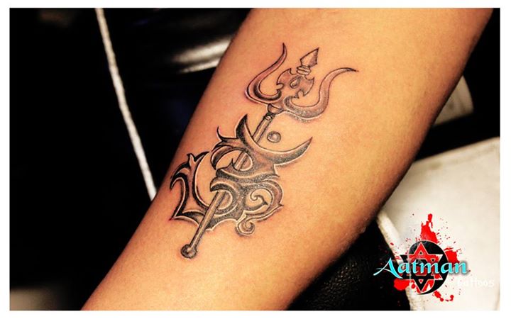 Black Ink Trishul With Om Tattoo On Forearm By Bhavith Narayan