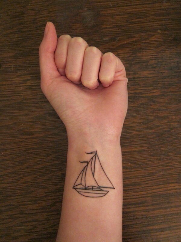 Black Outline Boat Tattoo On Wrist