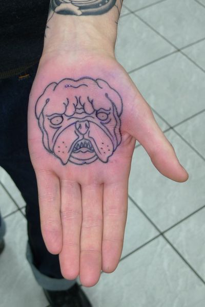 Black Outline Bulldog Head Tattoo On Hand Palm