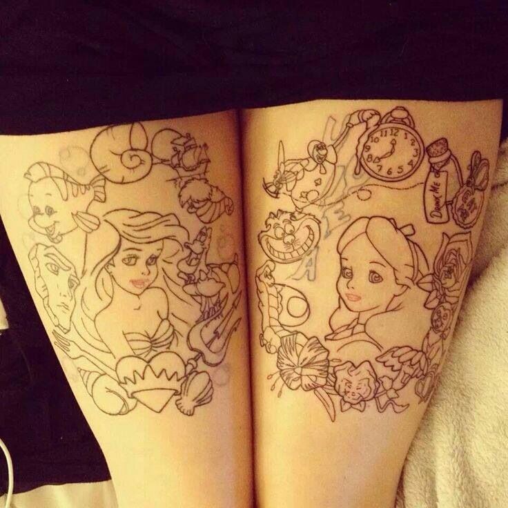 Black Outline Disney Mermaid Tattoo On Both Thigh