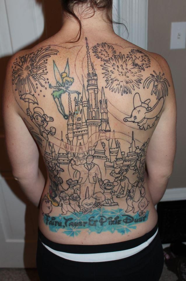 Black Outline Disneyland With Characters Tattoo On Full Back