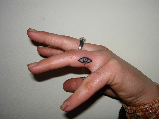 Black Outline Eyeball Tattoo On Finger