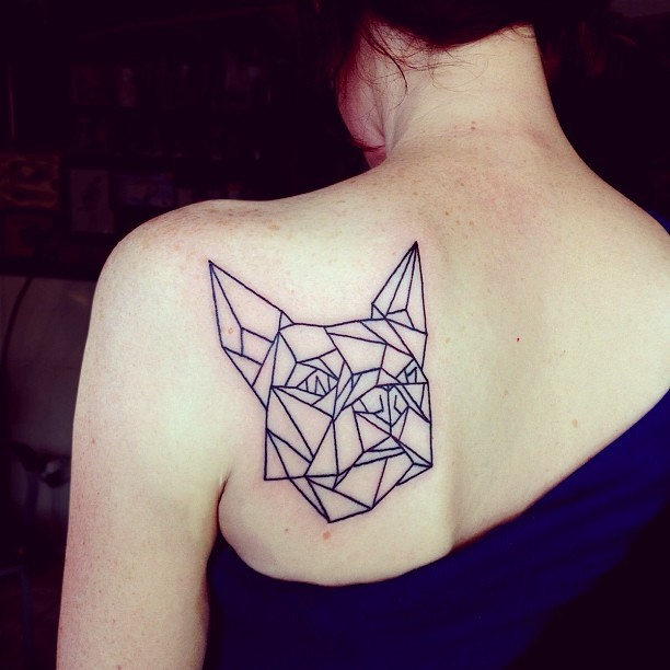 Black Outline Geometric Pug Face Tattoo On Girl Left Back Shoulder