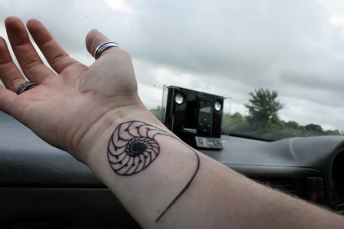 Black Outline Nautilus Shell Tattoo On Wrist