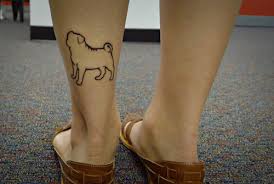 Black Outline Pug Dog Tattoo On Leg