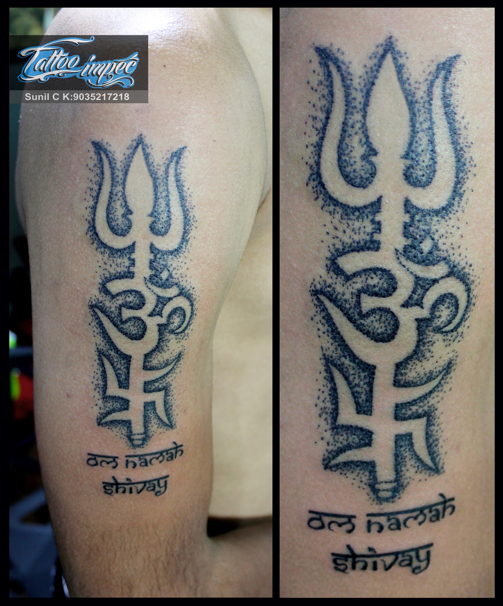 Black Outline Trishul With Om And Swastika Tattoo On Right Half Sleeve