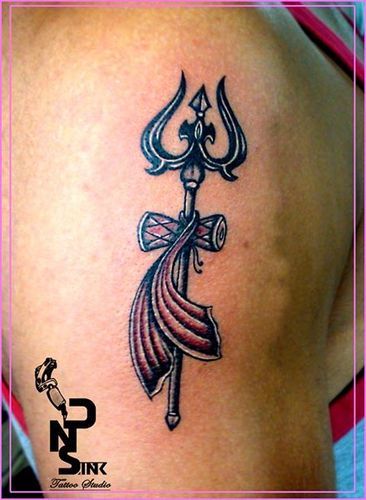 Black Trishul With Pellet Drum Tattoo On Right Shoulder