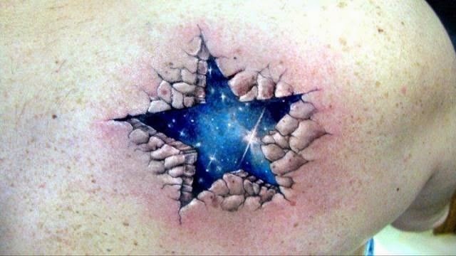 Blue Ink 3D Star Tattoo On Right Back Shoulder
