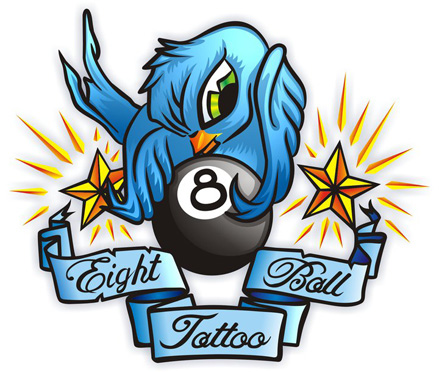 Blue Ink Bird With Banner And Eight Ball Tattoo Design