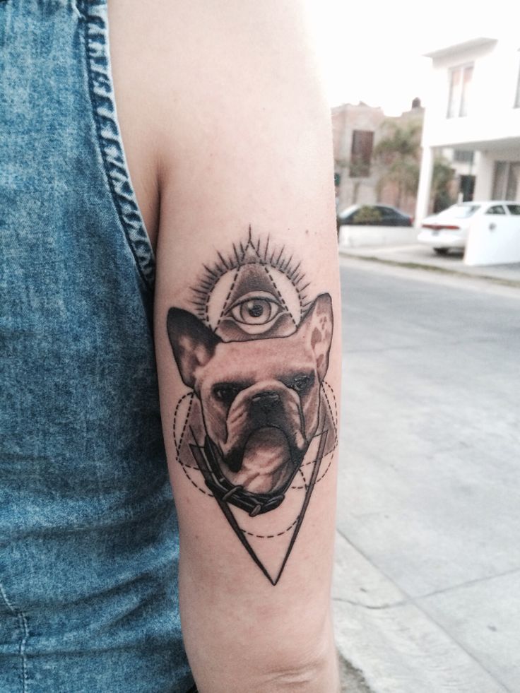 Bulldog Head With Illuminati Eye Tattoo On Half Sleeve