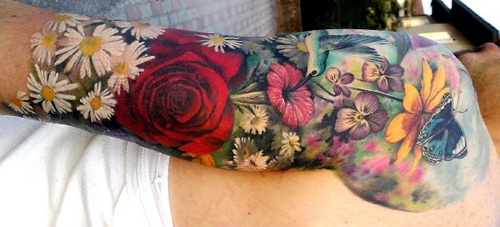 Butterfly With Color Flowers And Red Rose Flower Sleeve Tattoo