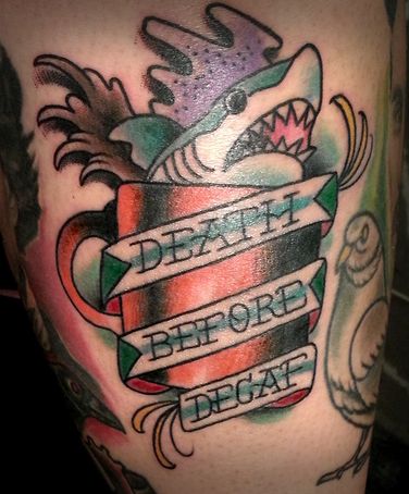 Coffee Cup With Shark With Banner Tattoo Design