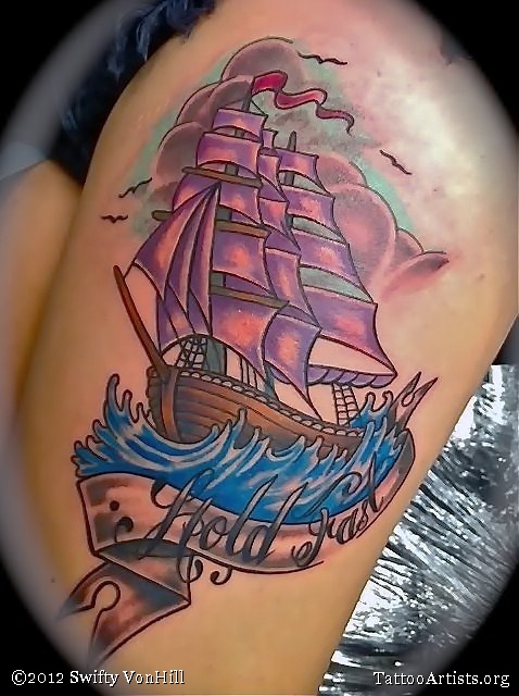 Colorful Boat With Banner Tattoo Design By Swifty VonHill