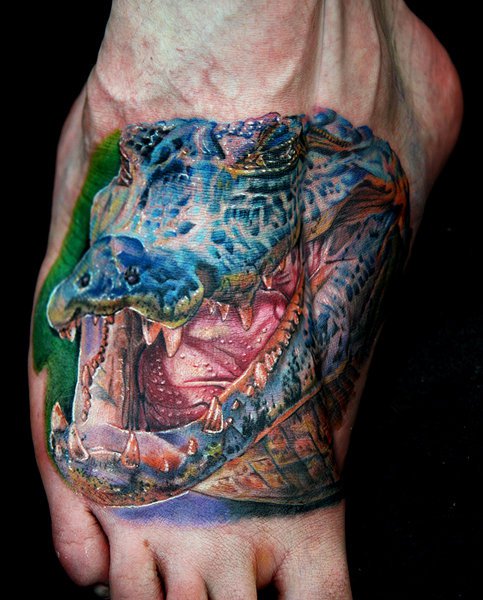 Colorful Crocodile Head Tattoo On Foot By Cecil Porter