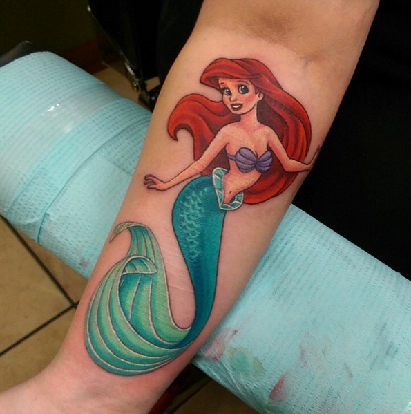 Colorful Disney Ariel Tattoo On Forearm