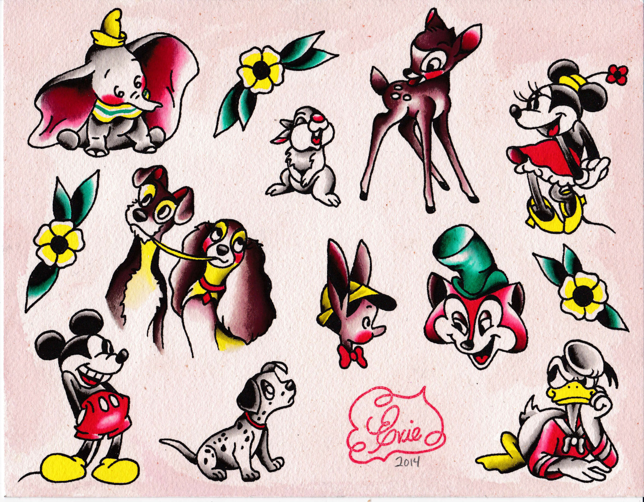 Colorful Disney Characters Tattoo Flash By Evie Yapelli