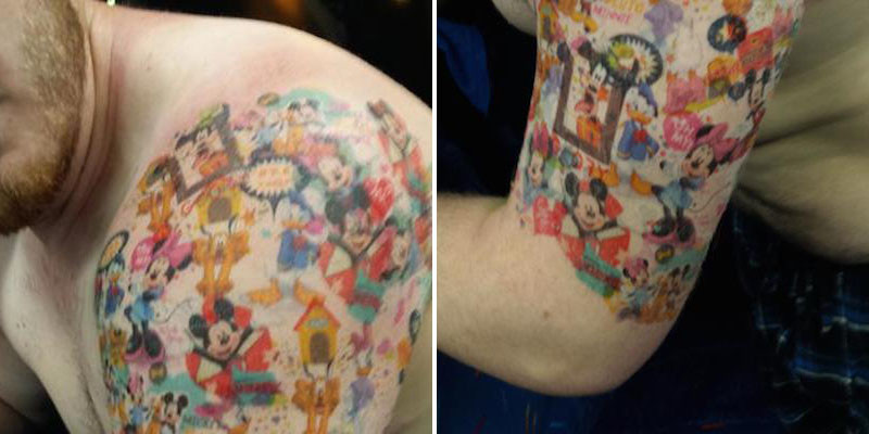 Colorful Disney Characters Tattoo On Man Left Half Sleeve