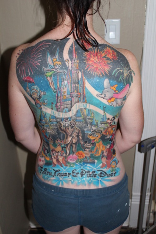 Colorful Disneyland Tattoo On Girl Full Back