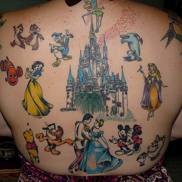 Colorful Disneyland With Characters Tattoo On Back