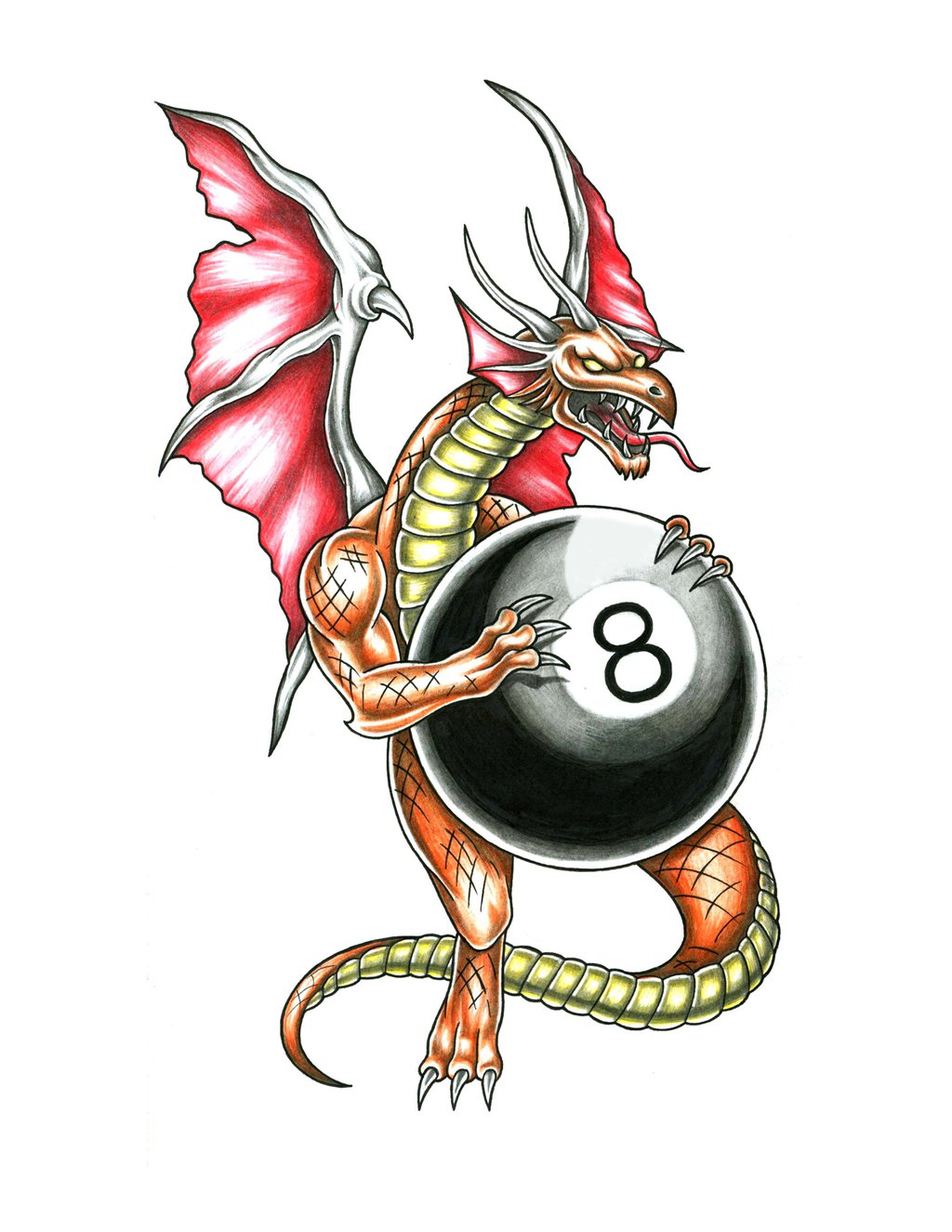 Colorful Dragon With Eight Ball Tattoo Design By Jonathan Harris