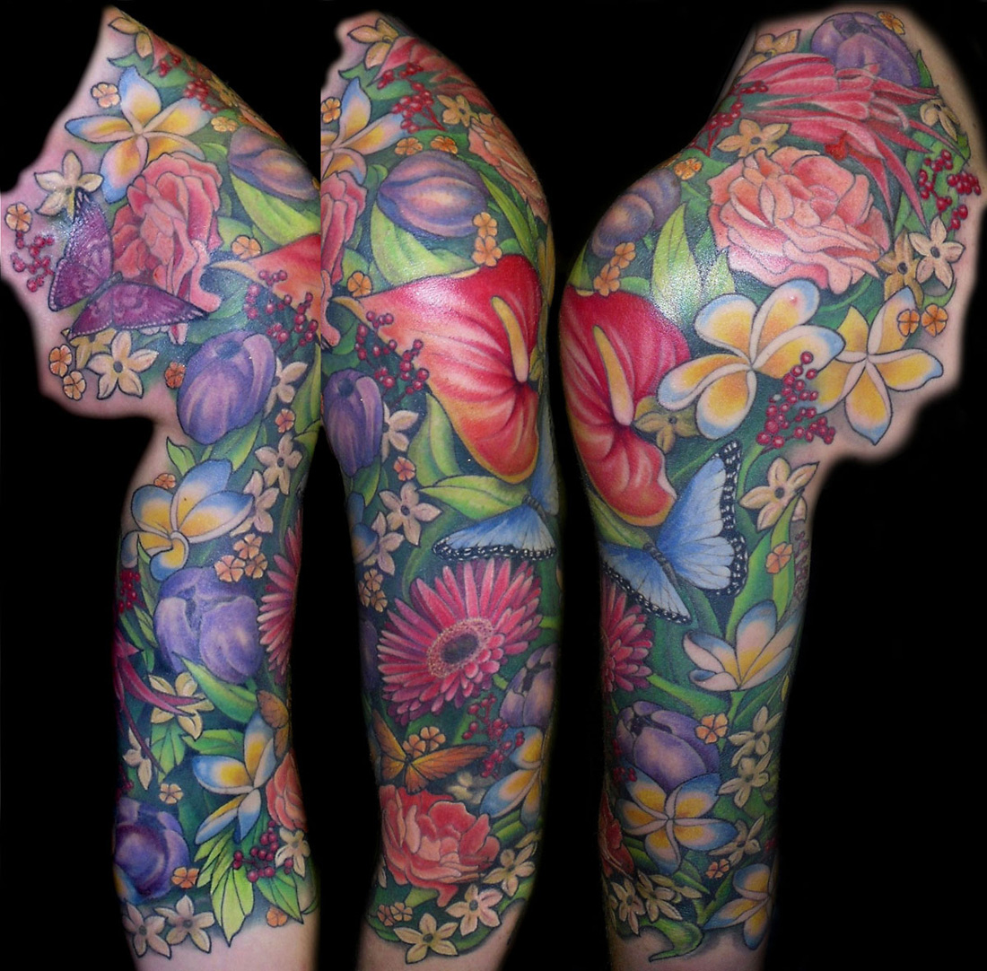 Colorful Flowers Sleeve Tattoo Idea
