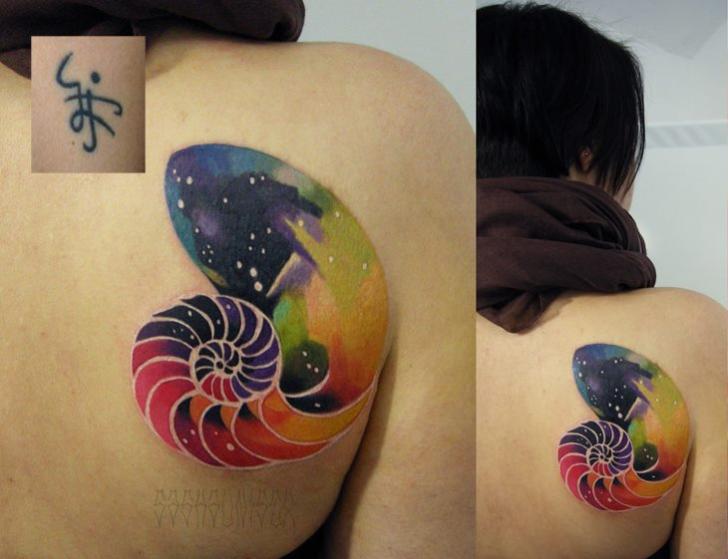 Colorful Nautilus Shell Tattoo On Girl Right Back Shoulder By Sasha Unisex
