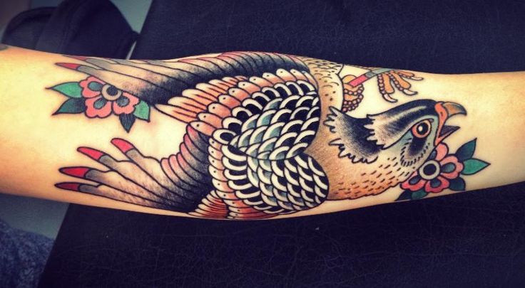 Colorful Traditional Falcon Tattoo Design For Arm By Lina Stigsson