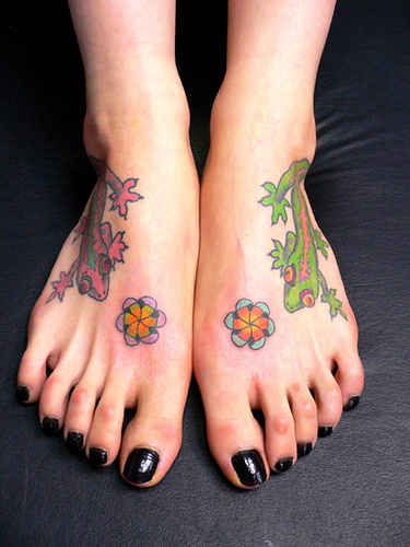 Colorful Two Gecko Tattoo On Girl Feet