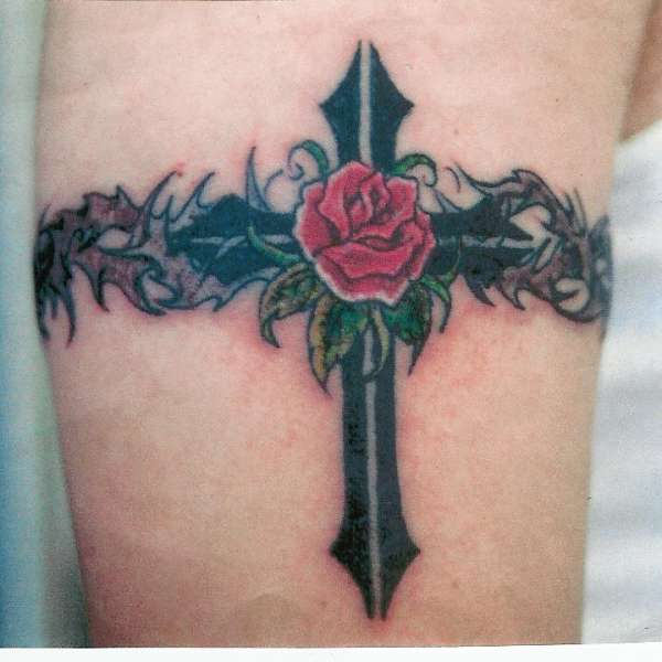Cross With Rose And Thorns Tattoo On Bicep Arm Band