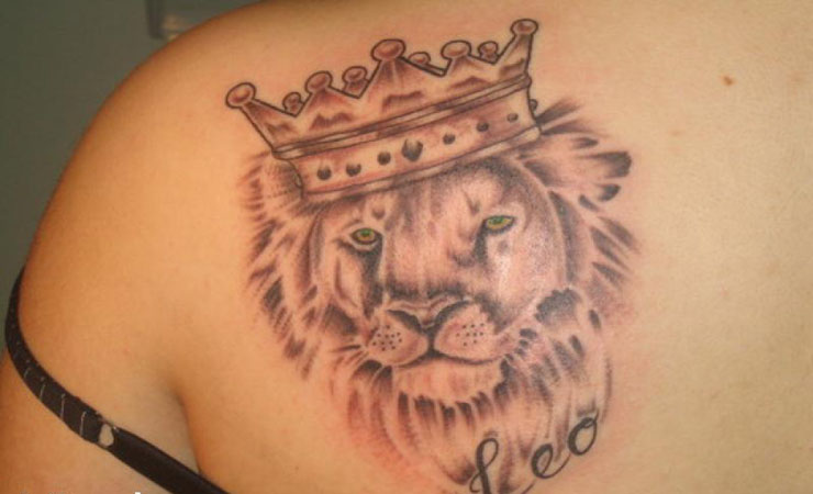 Crown On Disney Lion Head Tattoo On Left Back Shoulder