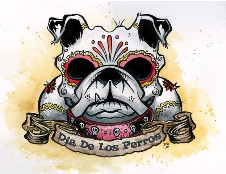 Dia De Los Perros Bulldog With Banner Tattoo Design