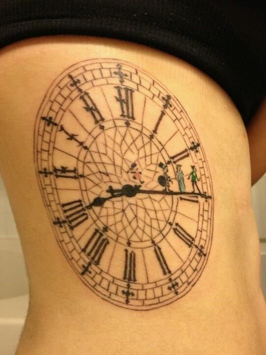 Disney Characters On Clock Tattoo On Side Rib