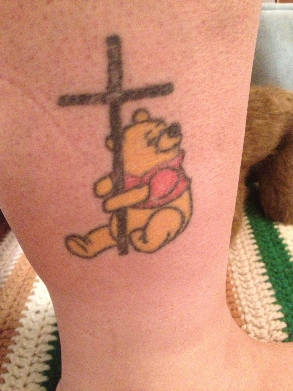 Disney Pooh With Cross Tattoo Design