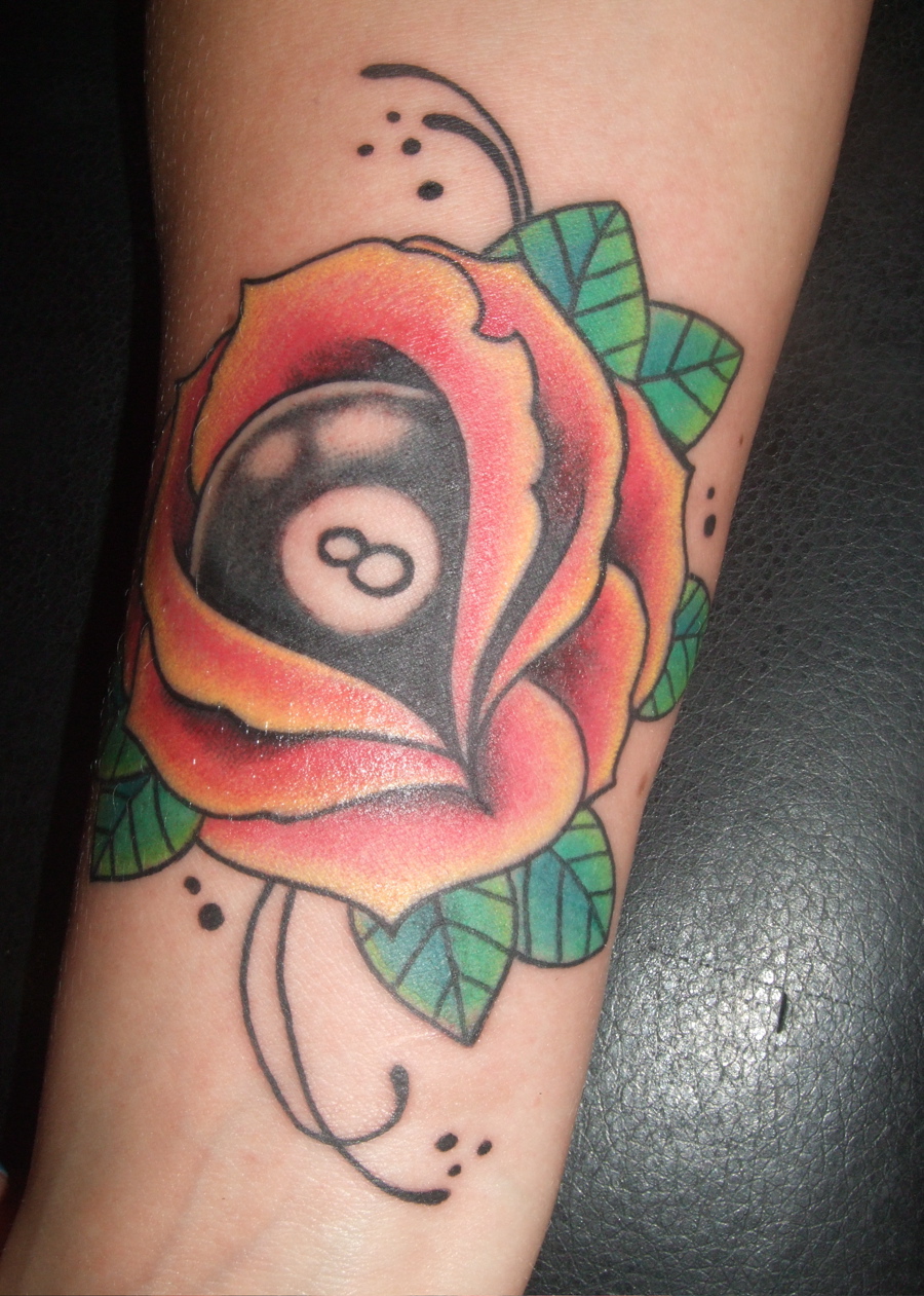 Eight Ball In Rose Tattoo On Forearm